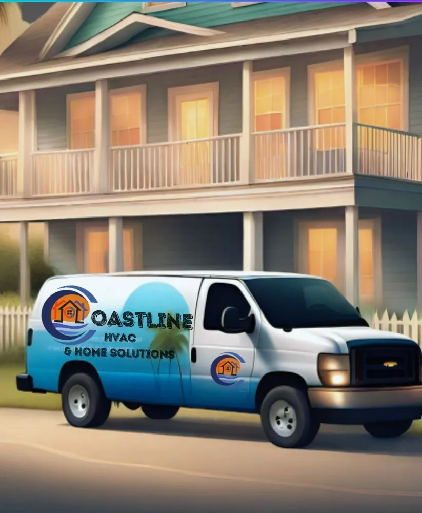 Coastline HVAC service van parked in front of a two story coastal home